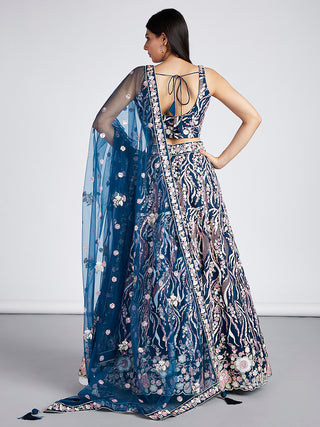 Navy blue Net Sequins and thread embroidery Semi-Stitched Lehenga choli & Dupatta ClothsVilla