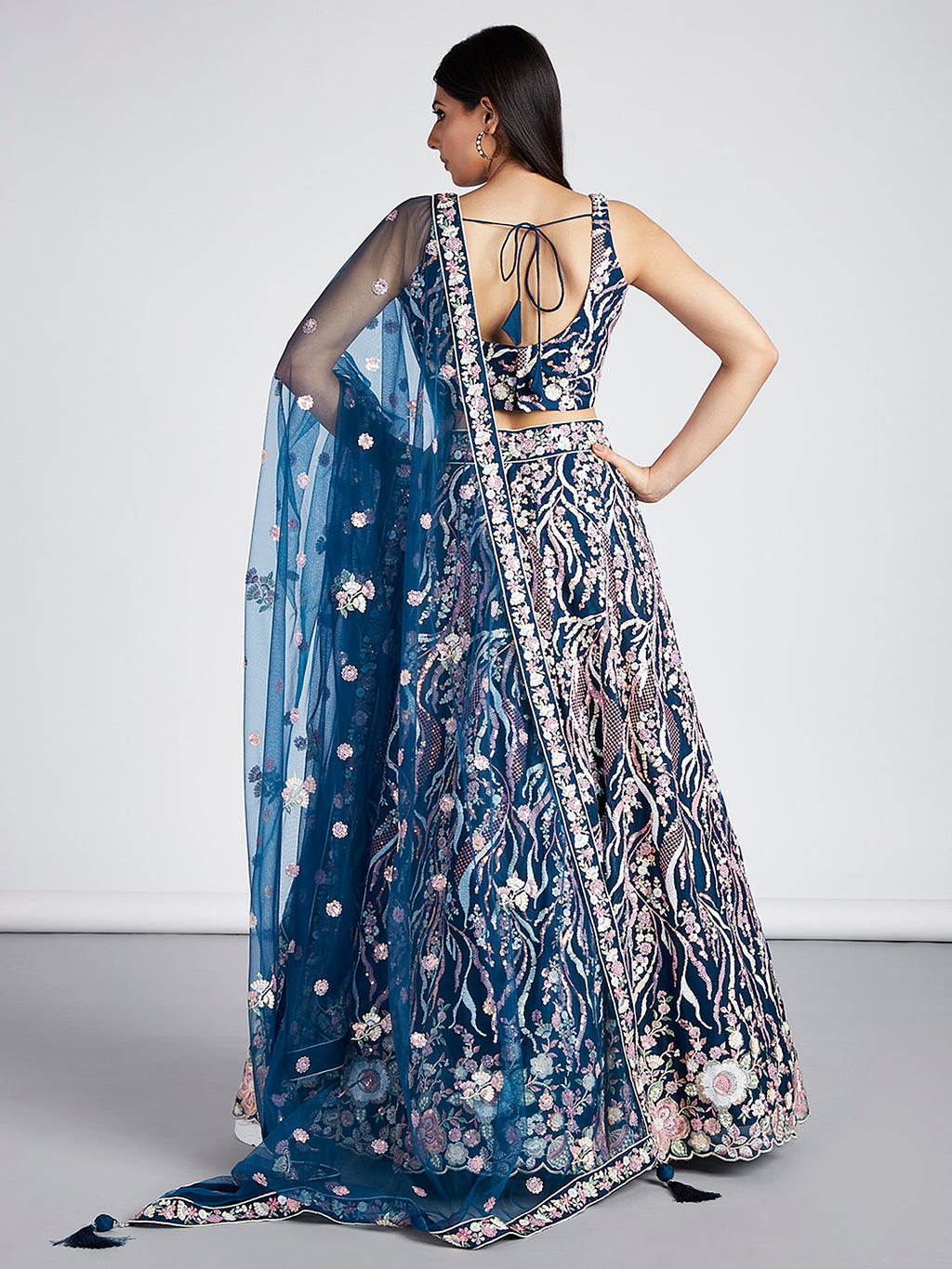 Navy blue Net Sequins and thread embroidery Semi-Stitched Lehenga choli & Dupatta ClothsVilla