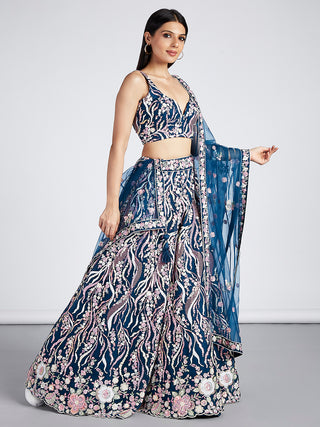 Navy blue Net Sequins and thread embroidery Semi-Stitched Lehenga choli & Dupatta ClothsVilla