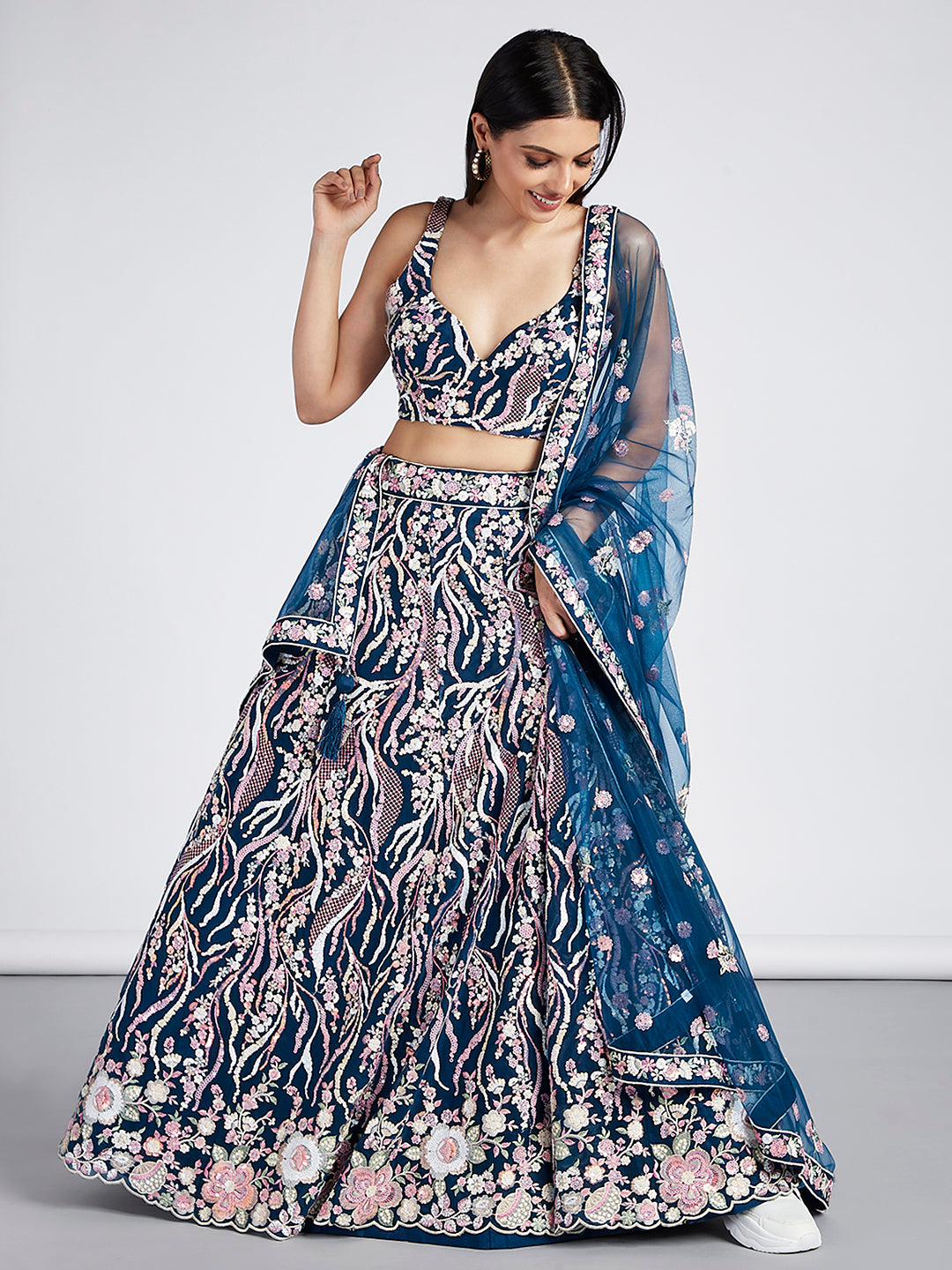 Navy blue Net Sequins and thread embroidery Semi-Stitched Lehenga choli & Dupatta ClothsVilla