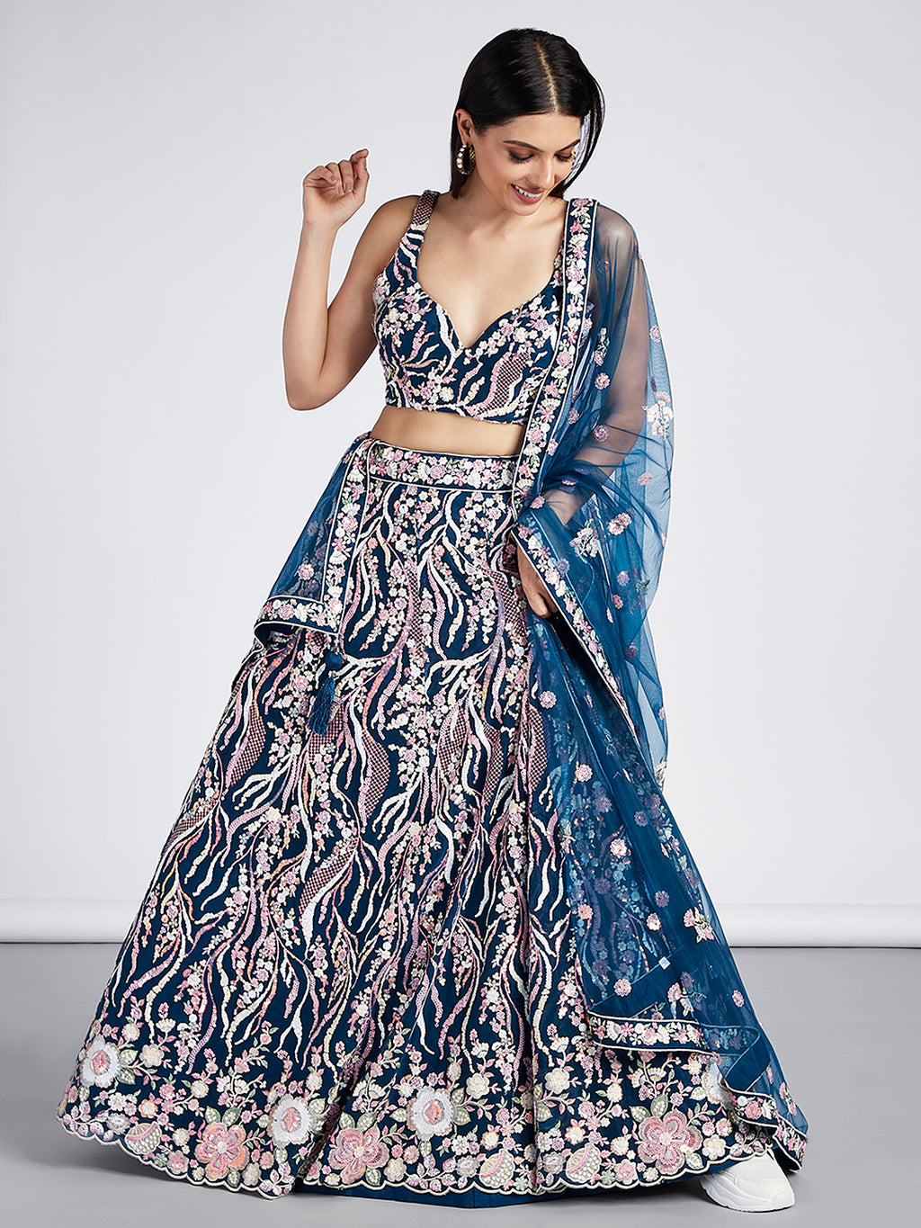 Navy blue Net Sequins and thread embroidery Semi-Stitched Lehenga choli & Dupatta ClothsVilla