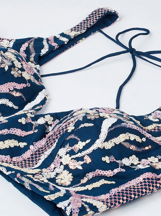 Navy blue Net Sequins and thread embroidery Semi-Stitched Lehenga choli & Dupatta ClothsVilla