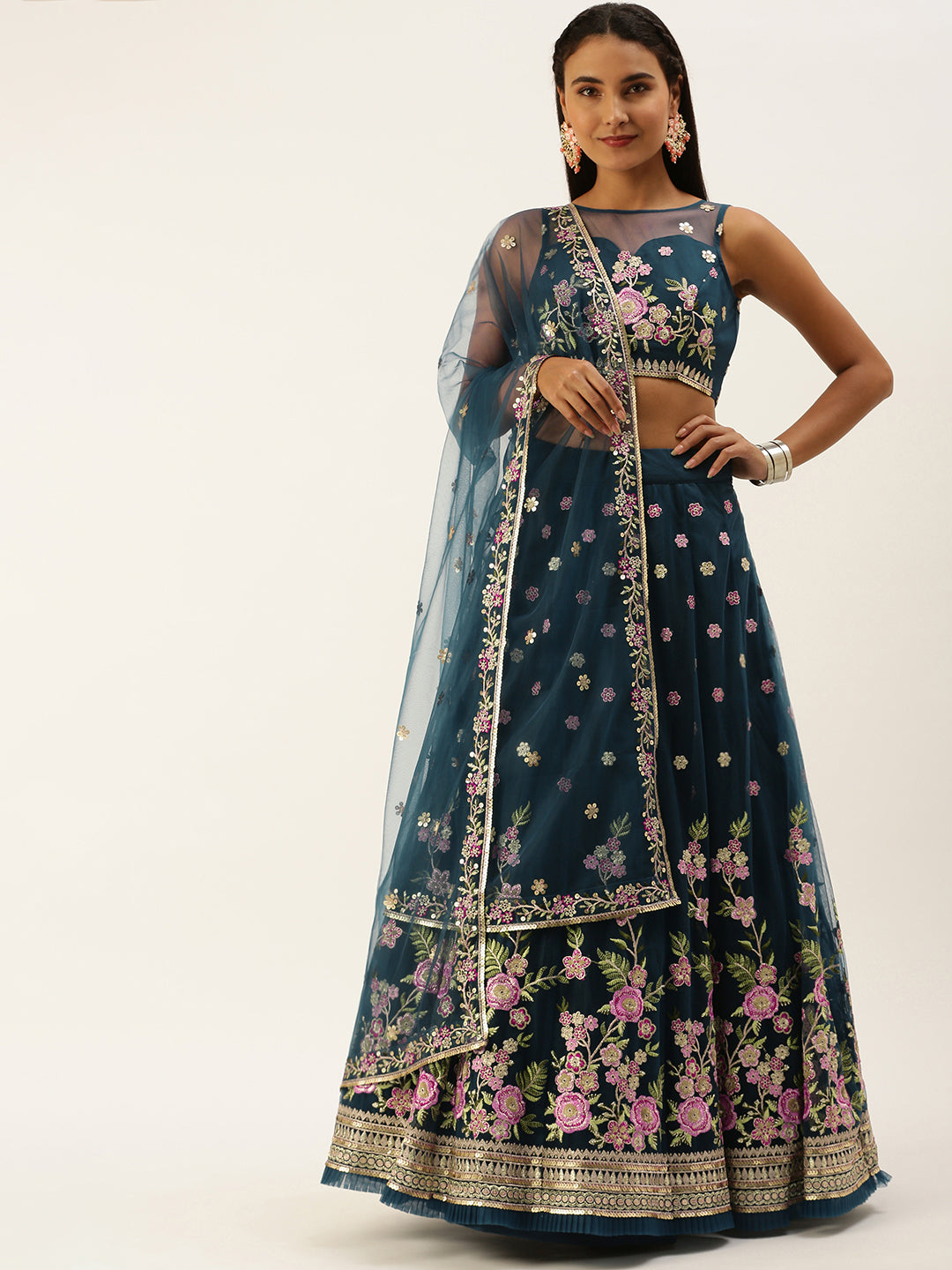 Navy Blue Net Sequinse Work Semi-Stitched Lehenga & Unstitched Blouse, Dupatta Clothsvilla