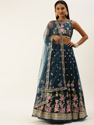 Navy Blue Net Sequinse Work Semi-Stitched Lehenga & Unstitched Blouse, Dupatta Clothsvilla