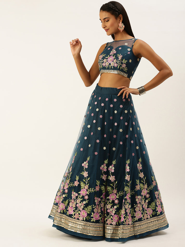 Navy Blue Net Sequinse Work Semi-Stitched Lehenga & Unstitched Blouse, Dupatta Clothsvilla