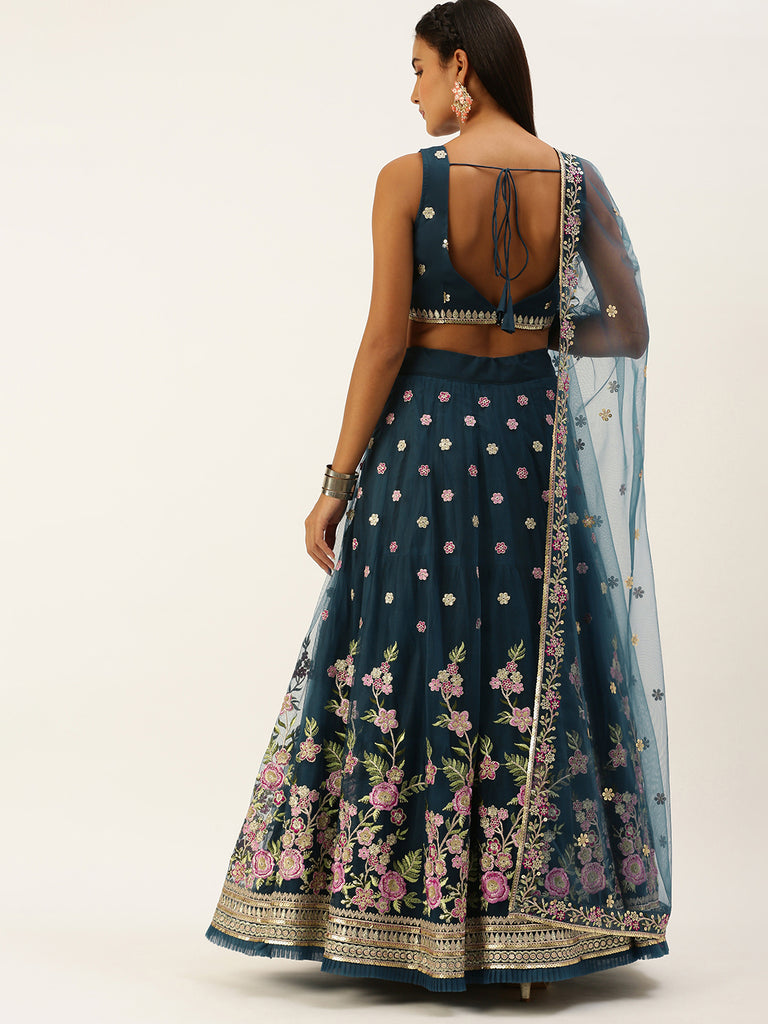 Navy Blue Net Sequinse Work Semi-Stitched Lehenga & Unstitched Blouse, Dupatta Clothsvilla