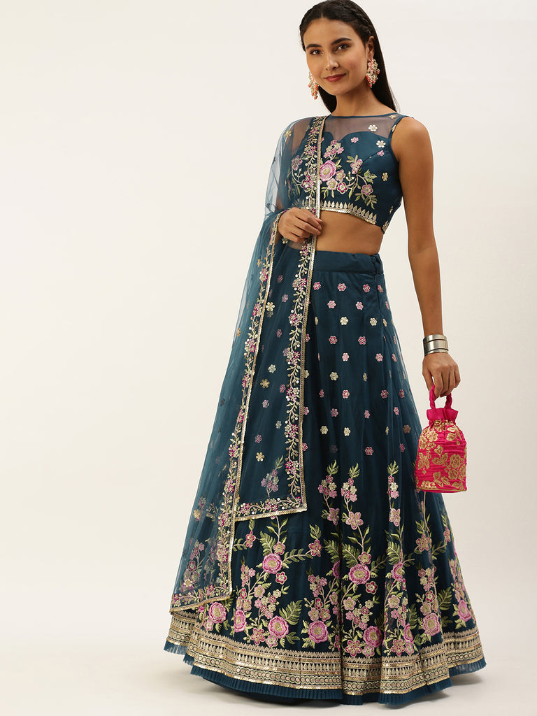 Navy Blue Net Sequinse Work Semi-Stitched Lehenga & Unstitched Blouse, Dupatta Clothsvilla