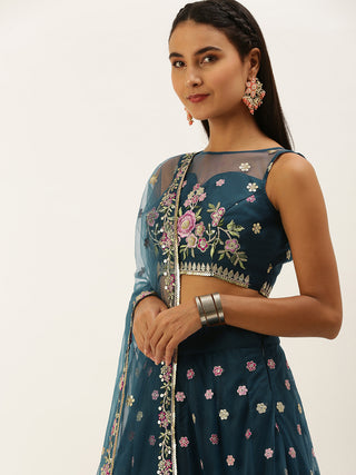 Navy Blue Net Sequinse Work Semi-Stitched Lehenga & Unstitched Blouse, Dupatta Clothsvilla