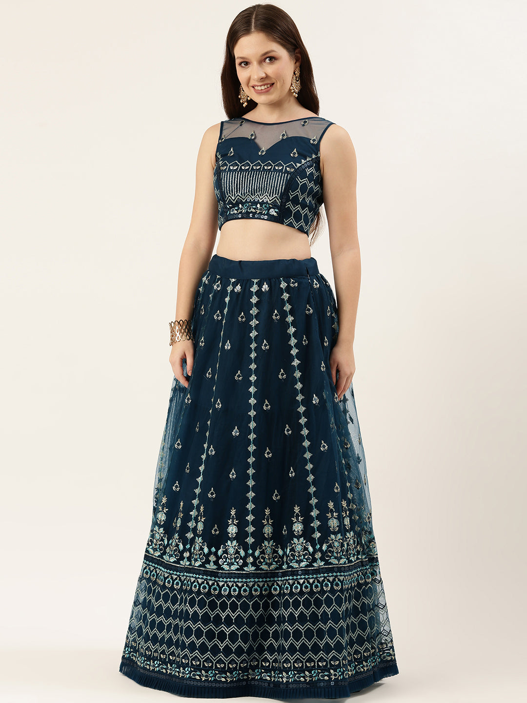 Navy Blue Net Sequinse Work Semi-Stitched Lehenga & Unstitched Blouse, Dupatta Clothsvilla