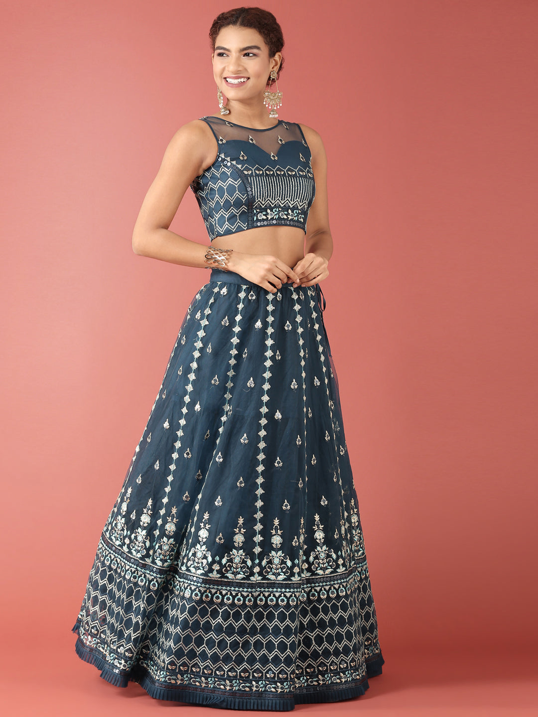 Navy Blue Net Sequinse Work Semi-Stitched Lehenga & Unstitched Blouse, Dupatta Clothsvilla
