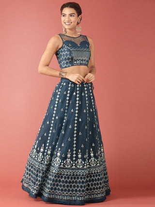 Navy Blue Net Sequinse Work Semi-Stitched Lehenga & Unstitched Blouse, Dupatta Clothsvilla