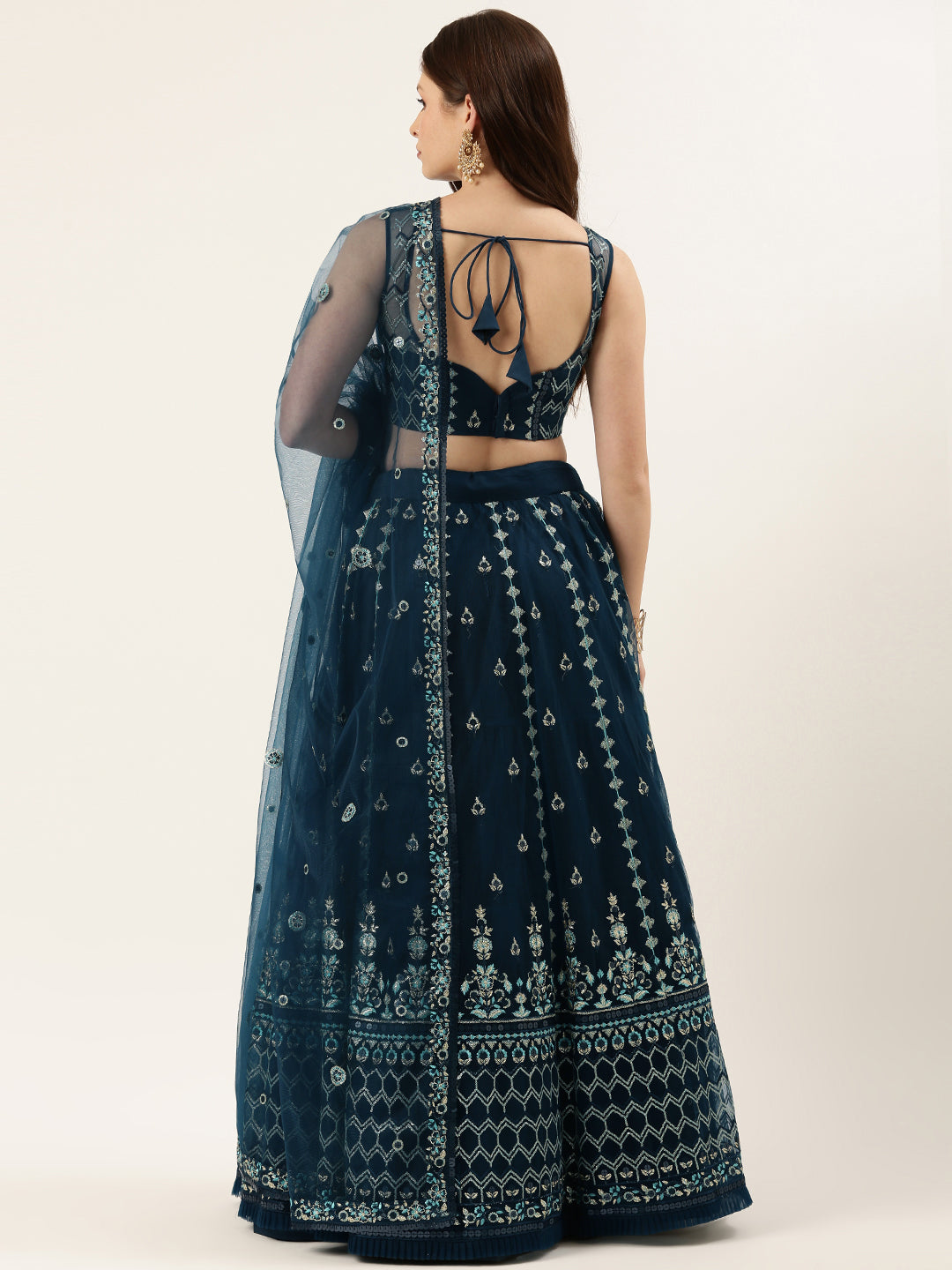 Navy Blue Net Sequinse Work Semi-Stitched Lehenga & Unstitched Blouse, Dupatta Clothsvilla
