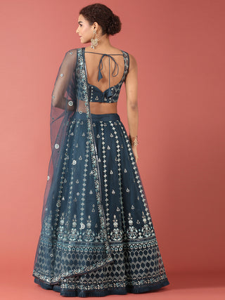 Navy Blue Net Sequinse Work Semi-Stitched Lehenga & Unstitched Blouse, Dupatta Clothsvilla