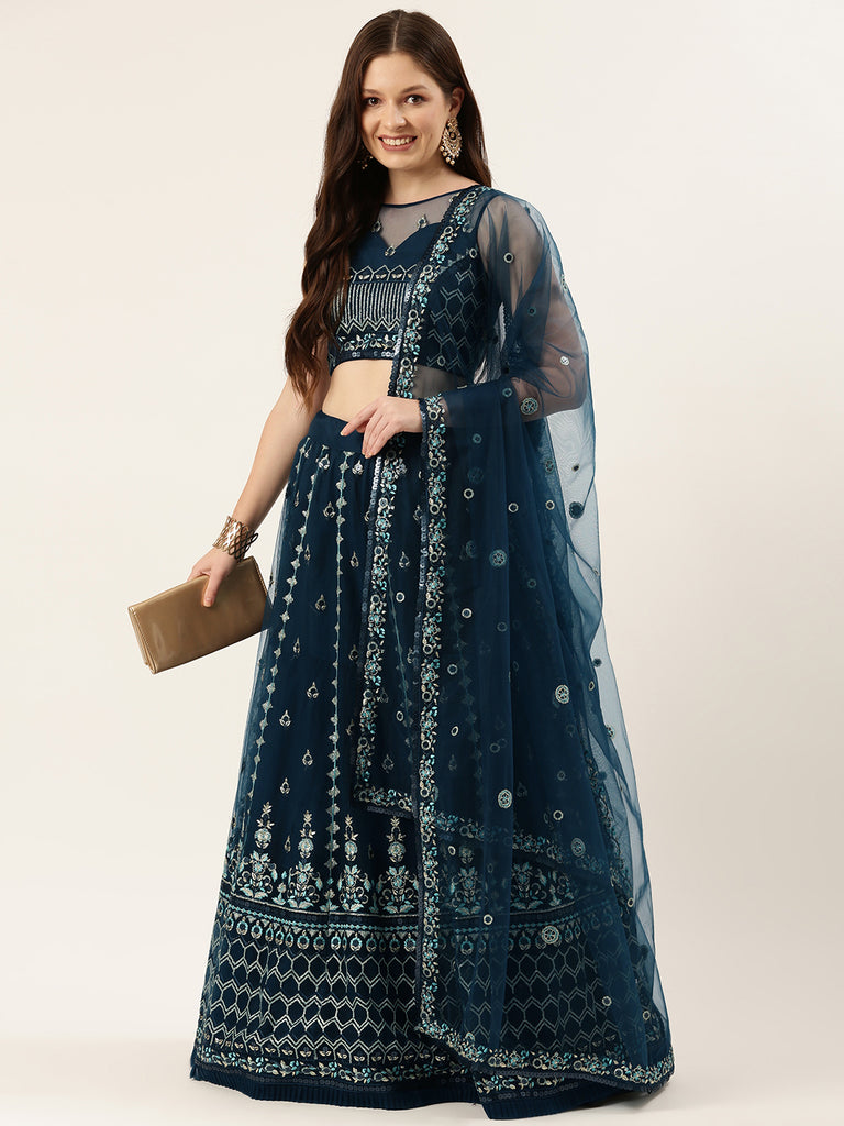 Navy Blue Net Sequinse Work Semi-Stitched Lehenga & Unstitched Blouse, Dupatta Clothsvilla