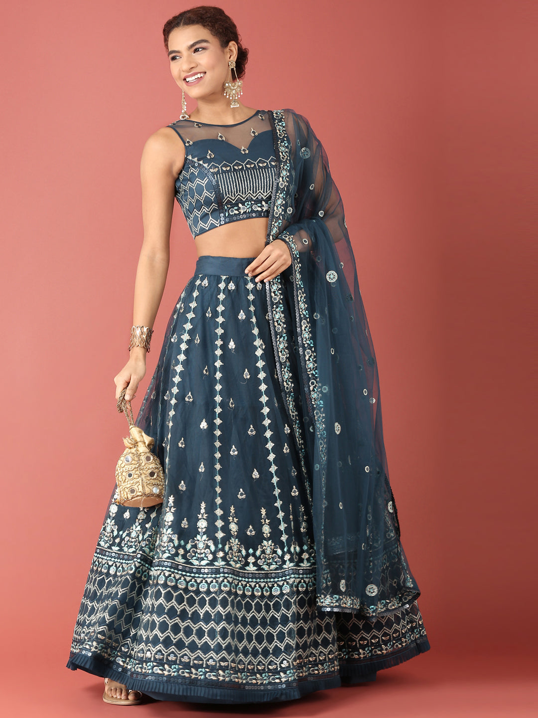 Navy Blue Net Sequinse Work Semi-Stitched Lehenga & Unstitched Blouse, Dupatta Clothsvilla