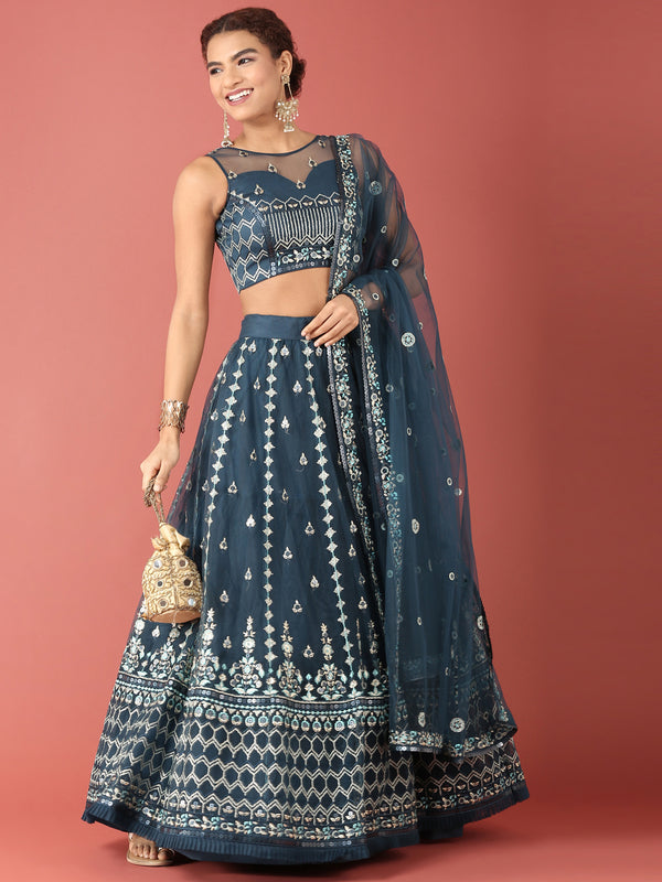 Navy Blue Net Sequinse Work Semi-Stitched Lehenga & Unstitched Blouse, Dupatta Clothsvilla