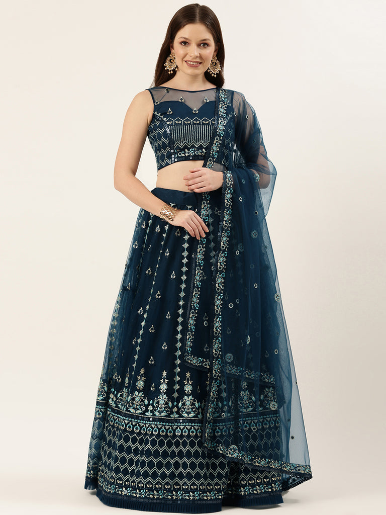 Navy Blue Net Sequinse Work Semi-Stitched Lehenga & Unstitched Blouse, Dupatta Clothsvilla