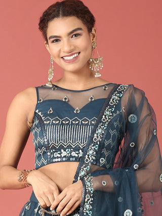 Navy Blue Net Sequinse Work Semi-Stitched Lehenga & Unstitched Blouse, Dupatta Clothsvilla