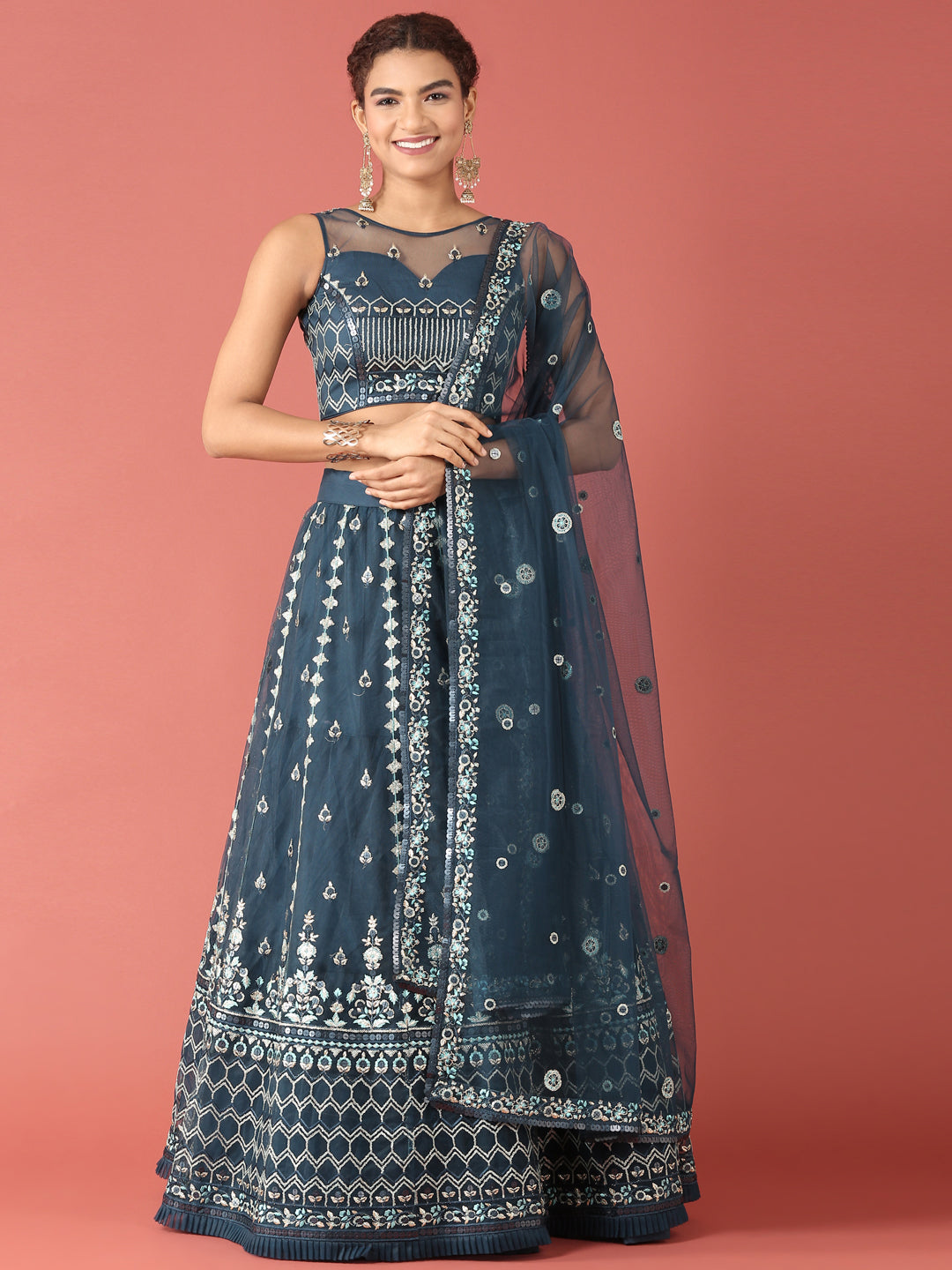 Navy Blue Net Sequinse Work Semi-Stitched Lehenga & Unstitched Blouse, Dupatta Clothsvilla