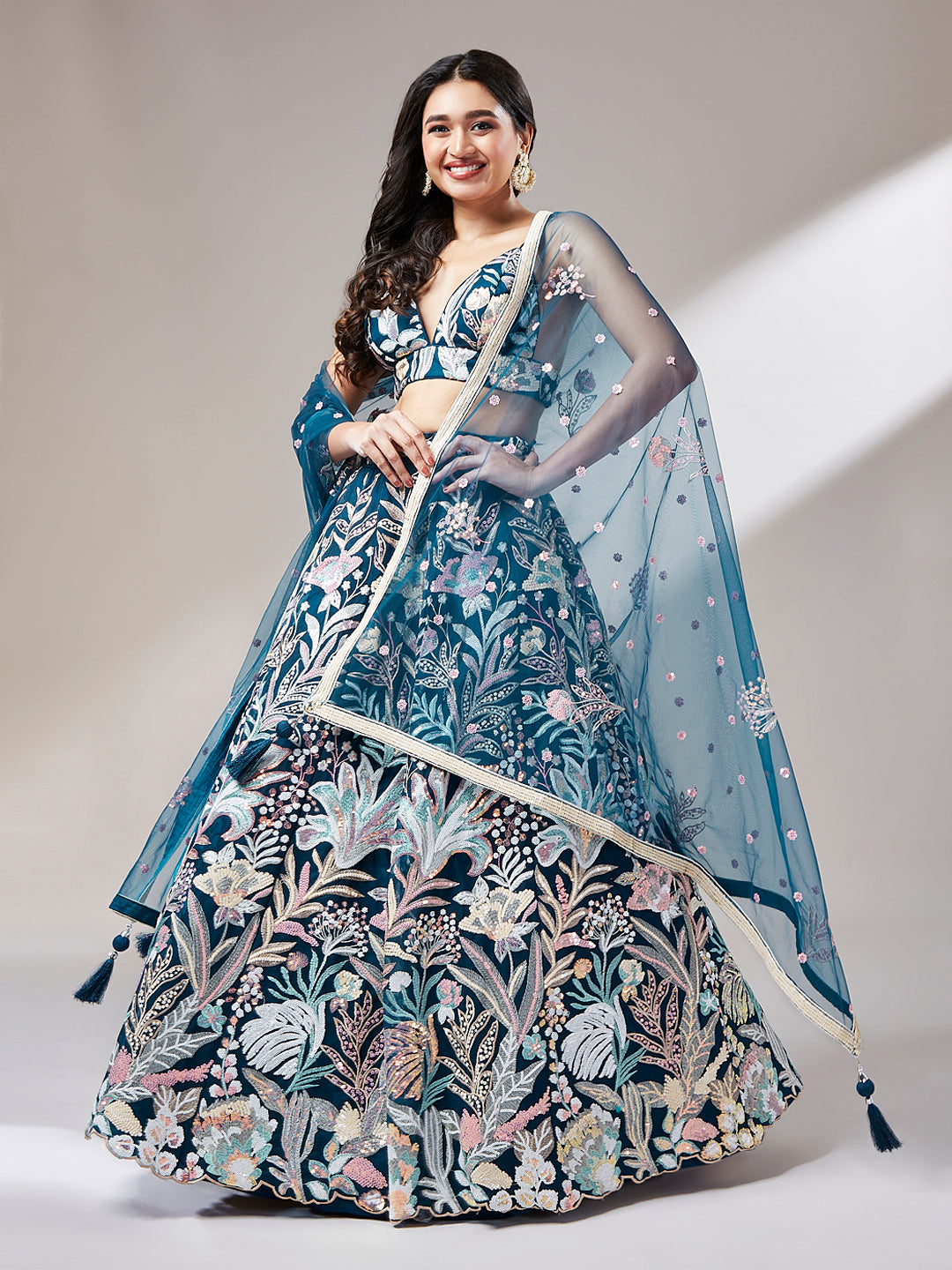 Navy blue Net Sequinse Work Semi-Stitched Lehenga & Unstitched Blouse with Dupatta ClothsVilla