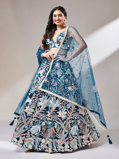 Navy blue Net Sequinse Work Semi-Stitched Lehenga & Unstitched Blouse with Dupatta ClothsVilla Main image