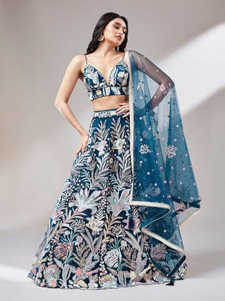 Navy blue Net Sequinse Work Semi-Stitched Lehenga & Unstitched Blouse with Dupatta ClothsVilla