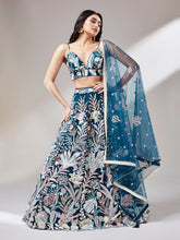 Load image into Gallery viewer, Navy blue Net Sequinse Work Semi-Stitched Lehenga &amp; Unstitched Blouse with Dupatta ClothsVilla