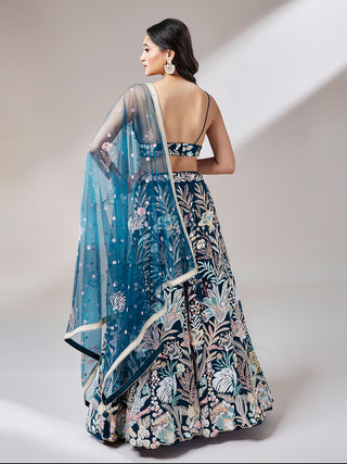 Navy blue Net Sequinse Work Semi-Stitched Lehenga & Unstitched Blouse with Dupatta ClothsVilla