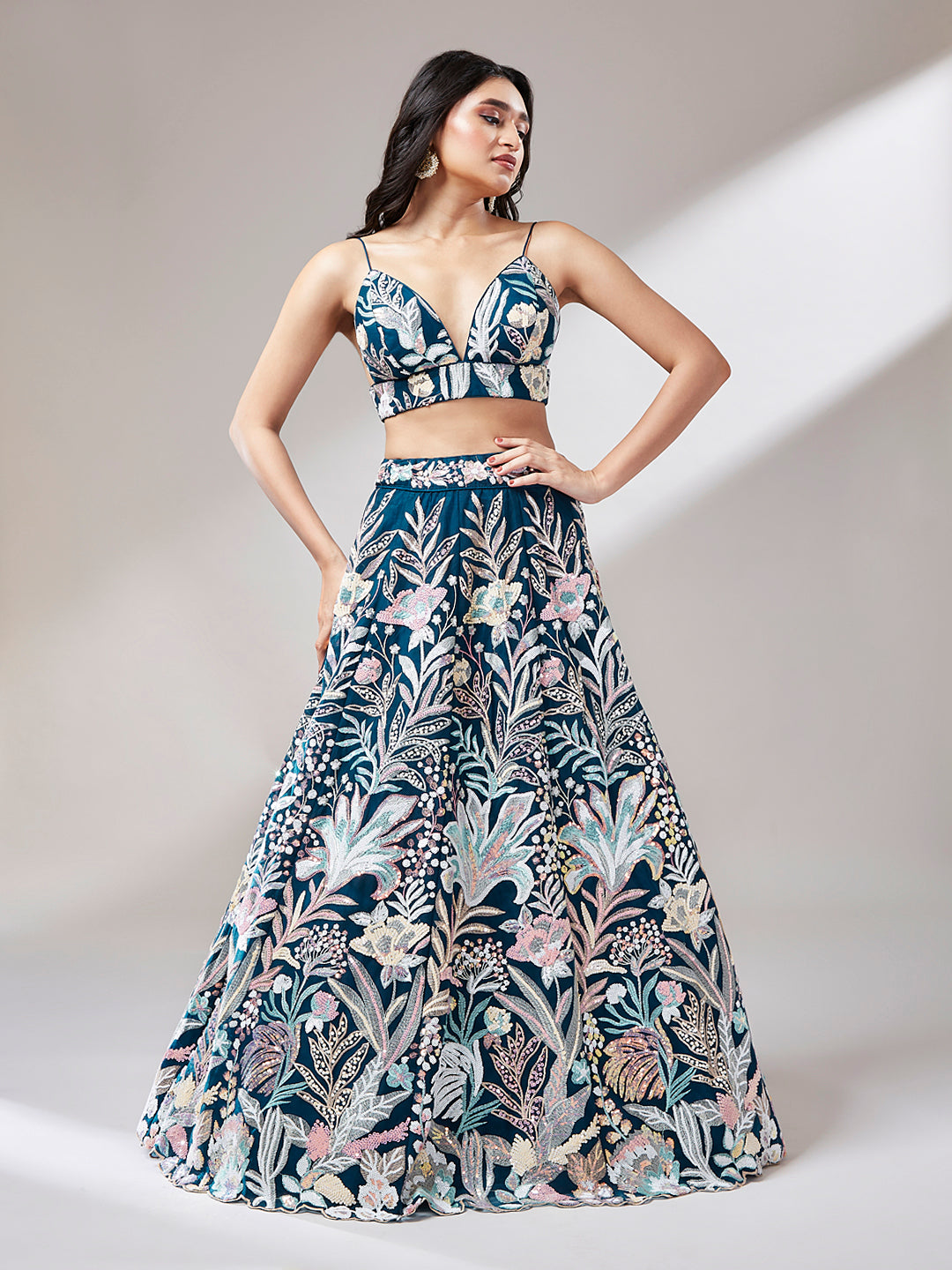 Navy blue Net Sequinse Work Semi-Stitched Lehenga & Unstitched Blouse with Dupatta ClothsVilla