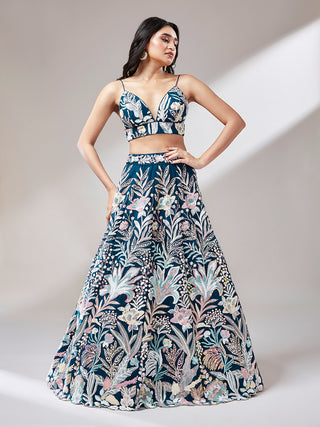 Navy blue Net Sequinse Work Semi-Stitched Lehenga & Unstitched Blouse with Dupatta ClothsVilla