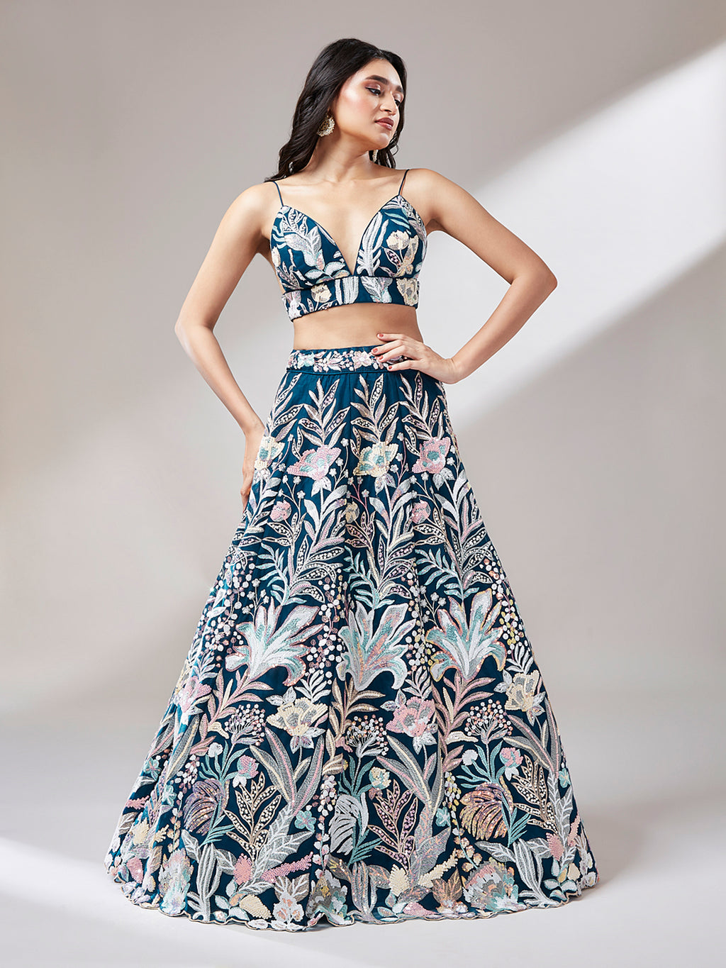 Navy blue Net Sequinse Work Semi-Stitched Lehenga & Unstitched Blouse with Dupatta ClothsVilla