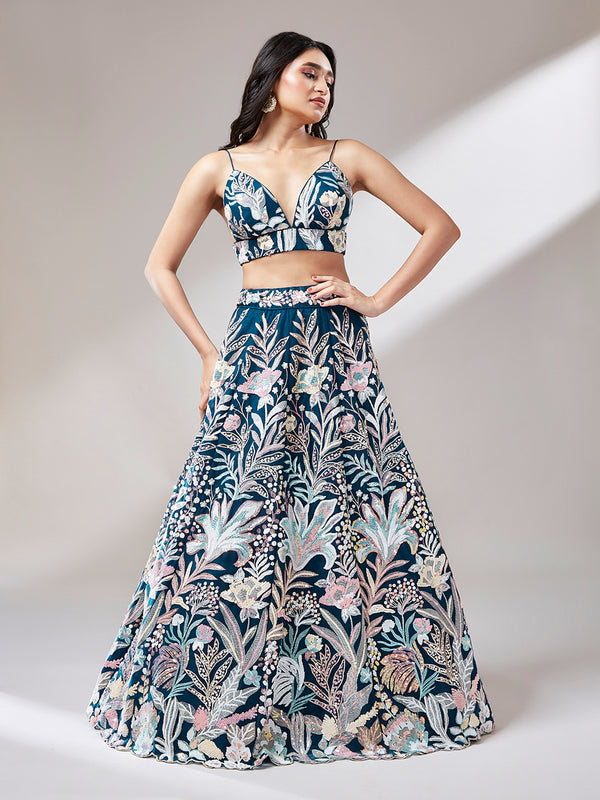 Navy blue Net Sequinse Work Semi-Stitched Lehenga & Unstitched Blouse with Dupatta ClothsVilla