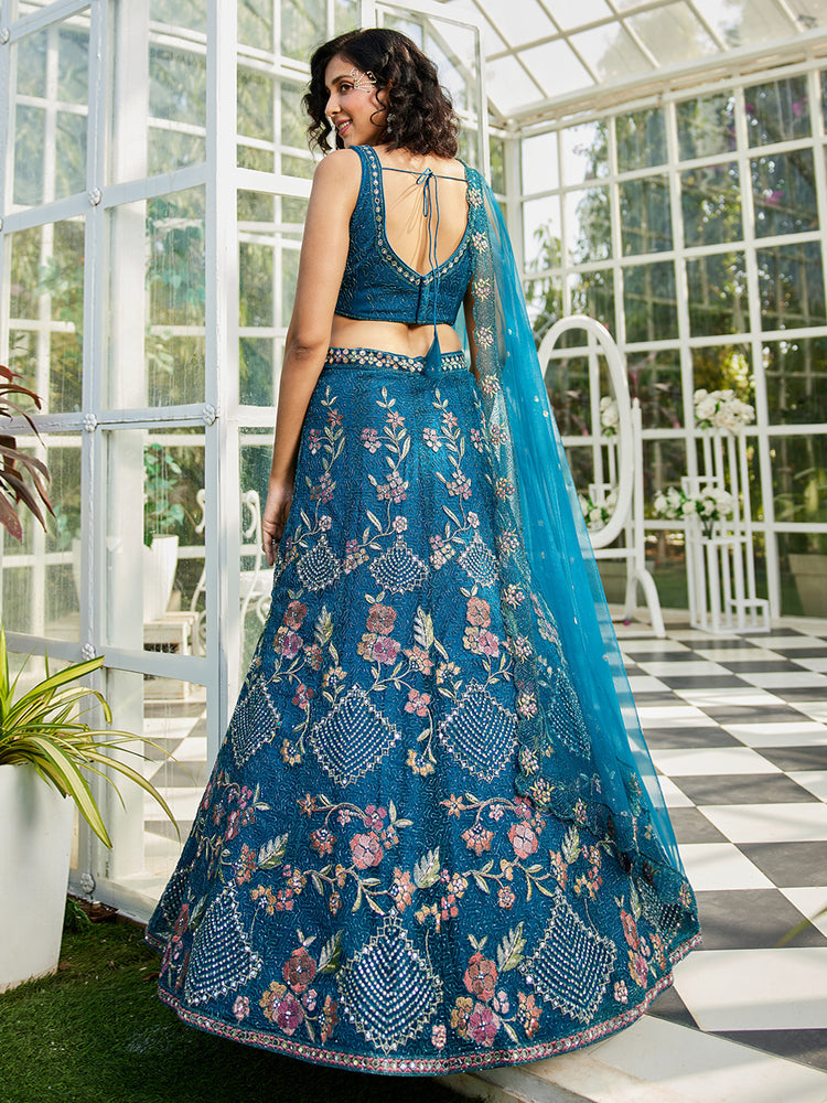 Navy Blue net with Coding & Zarkan embroidery Semi-Stitched Lehenga choli & Dupatta ClothsVilla