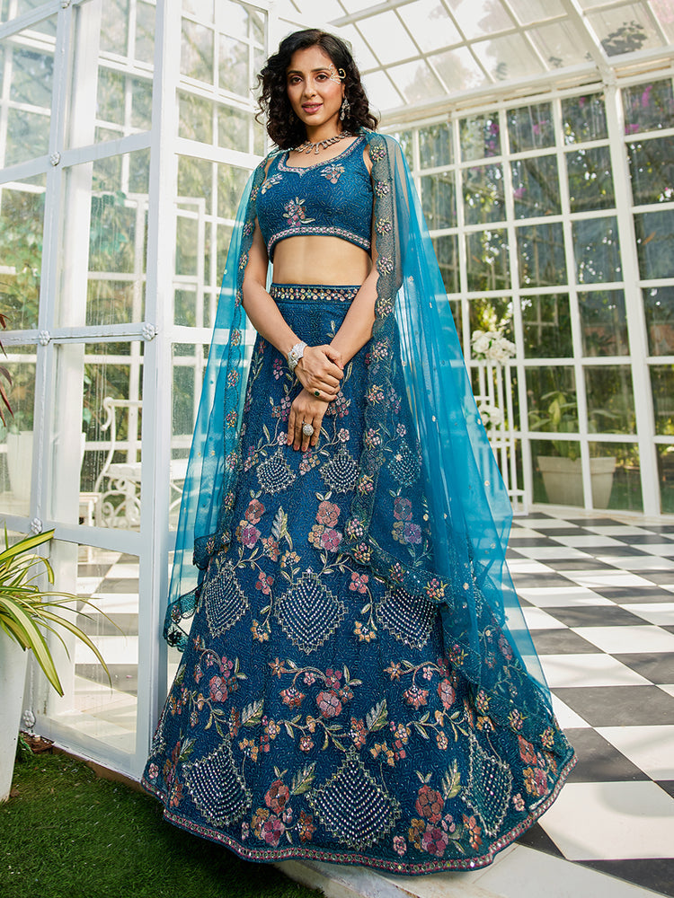 Navy Blue net with Coding & Zarkan embroidery Semi-Stitched Lehenga choli & Dupatta ClothsVilla