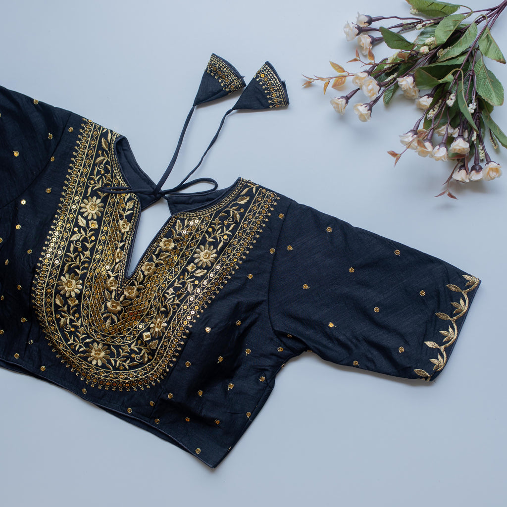 Navy Blue Olive Silk Blouse with Golden Embroidery and Sequence Accents ClothsVilla