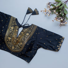 Load image into Gallery viewer, Navy Blue Olive Silk Blouse with Golden Embroidery and Sequence Accents ClothsVilla