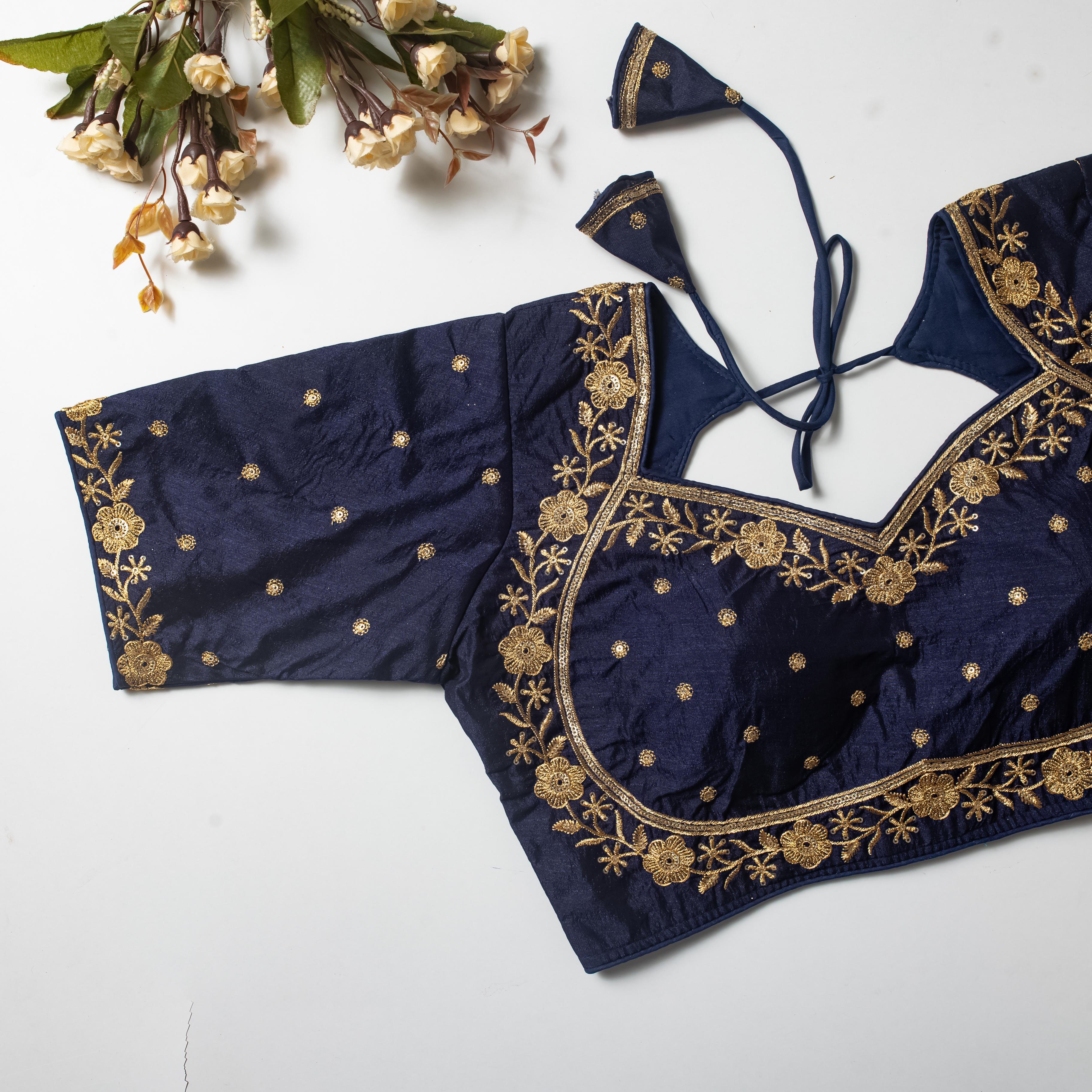 Navy Blue Olive Silk Blouse with Golden Embroidery and Sequins ClothsVilla Main image