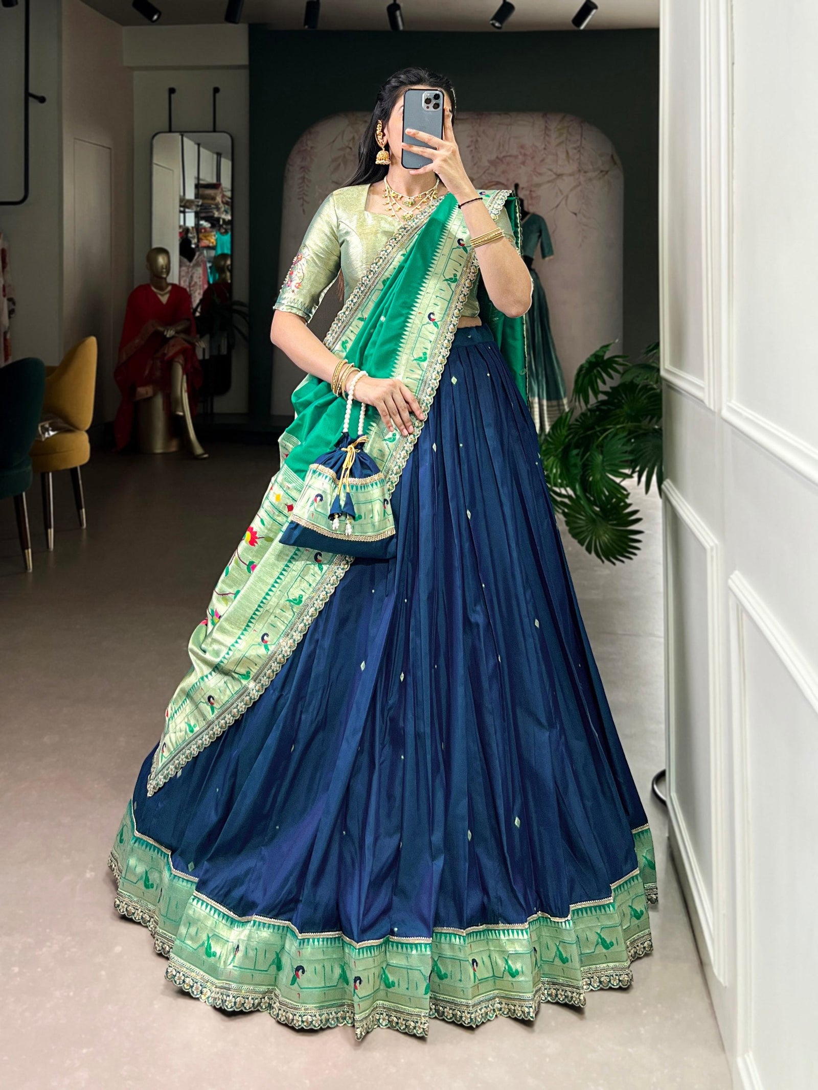 Navy Blue Paithani Lehenga Set with Batwa ClothsVilla