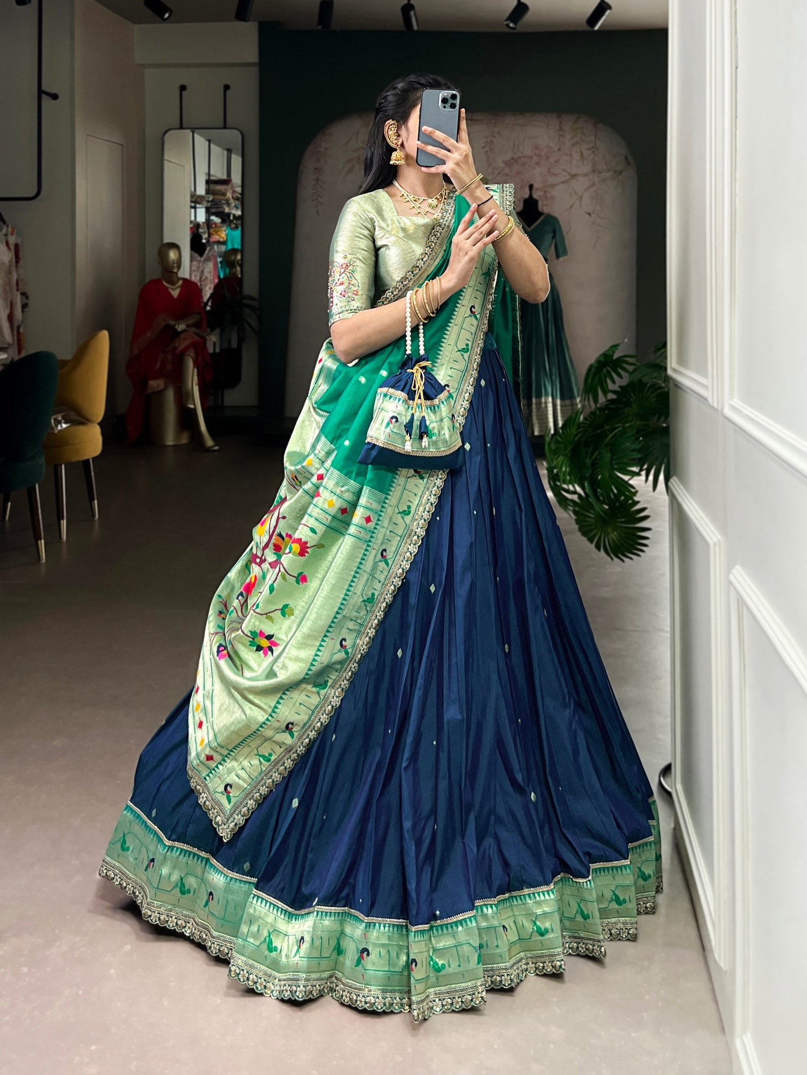 Navy Blue Paithani Lehenga Set with Batwa ClothsVilla