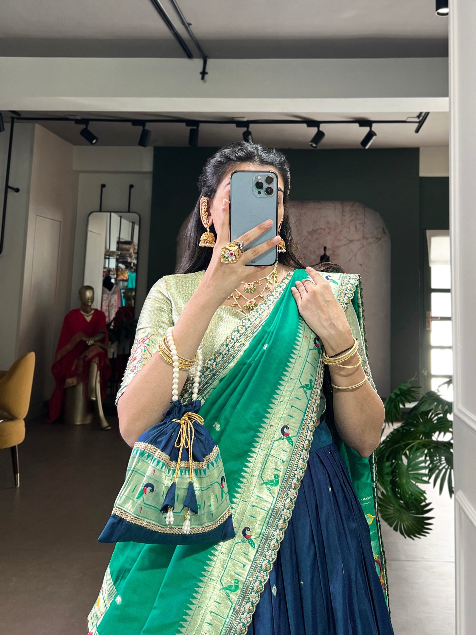 Navy Blue Paithani Lehenga Set with Batwa ClothsVilla