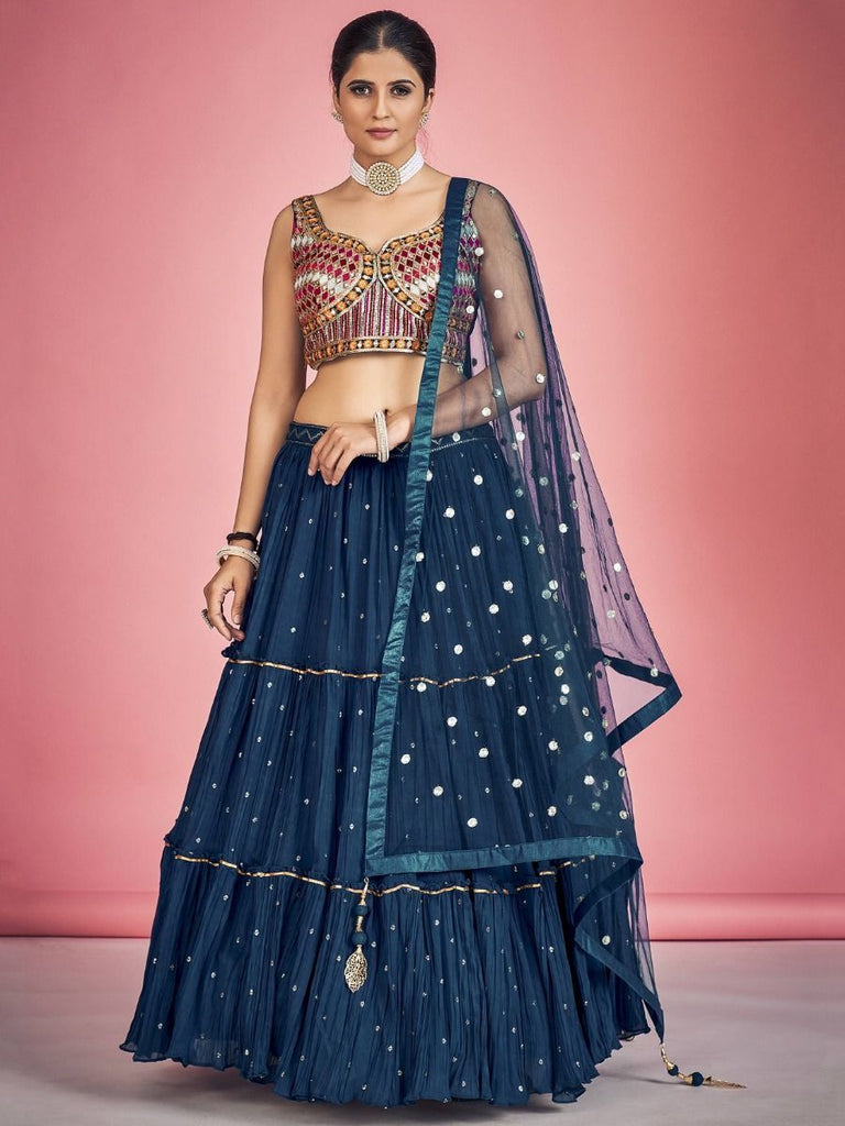 Navy Blue Pakistani Georgette Lehenga Choli For Indian Festivals & Weddings - Sequence Embroidery Work, Thread Embroidery Work, Mirror Work Clothsvilla