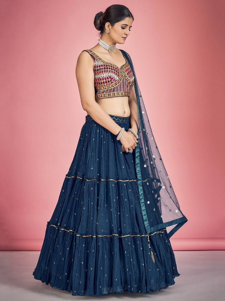 Navy Blue Pakistani Georgette Lehenga Choli For Indian Festivals & Weddings - Sequence Embroidery Work, Thread Embroidery Work, Mirror Work Clothsvilla