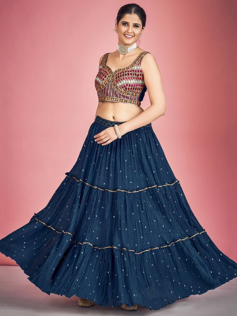 Navy Blue Pakistani Georgette Lehenga Choli For Indian Festivals & Weddings - Sequence Embroidery Work, Thread Embroidery Work, Mirror Work Clothsvilla