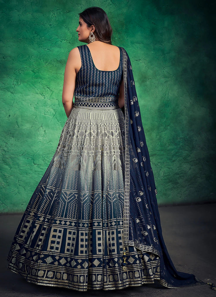 Navy Blue Pakistani Georgette Long Anarkali Gown For Indian Festivals & Weddings - Sequence Embroidery Work Clothsvilla