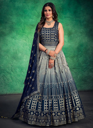 Navy Blue Pakistani Georgette Long Anarkali Gown For Indian Festivals & Weddings - Sequence Embroidery Work Clothsvilla