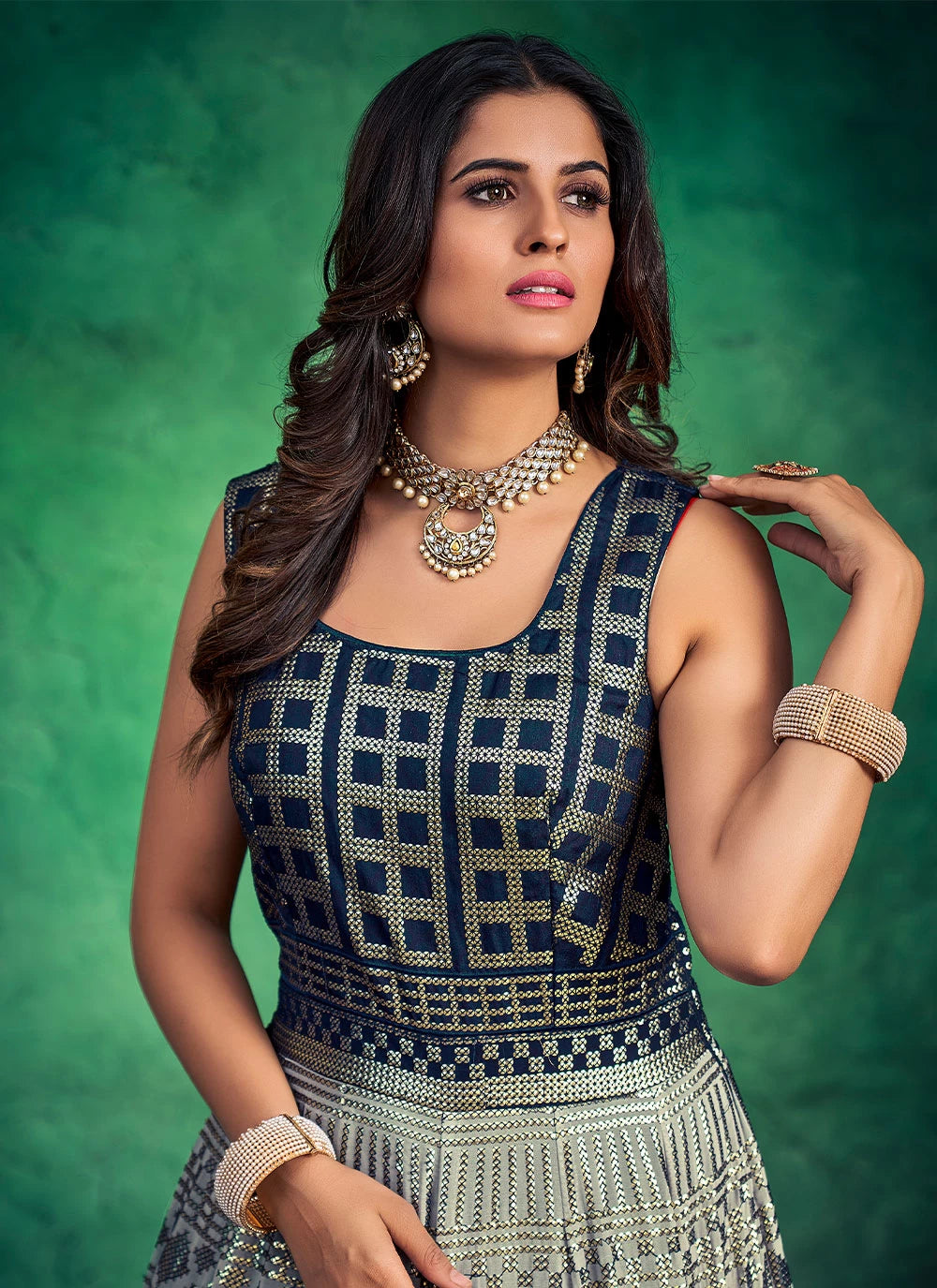Navy Blue Pakistani Georgette Long Anarkali Gown For Indian Festivals & Weddings - Sequence Embroidery Work Clothsvilla