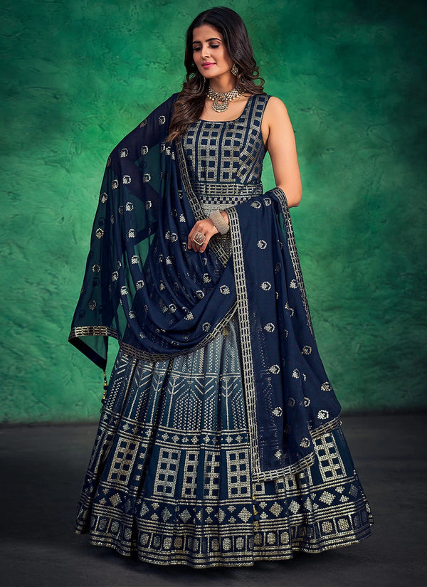 Navy Blue Pakistani Georgette Long Anarkali Gown For Indian Festivals & Weddings - Sequence Embroidery Work Clothsvilla