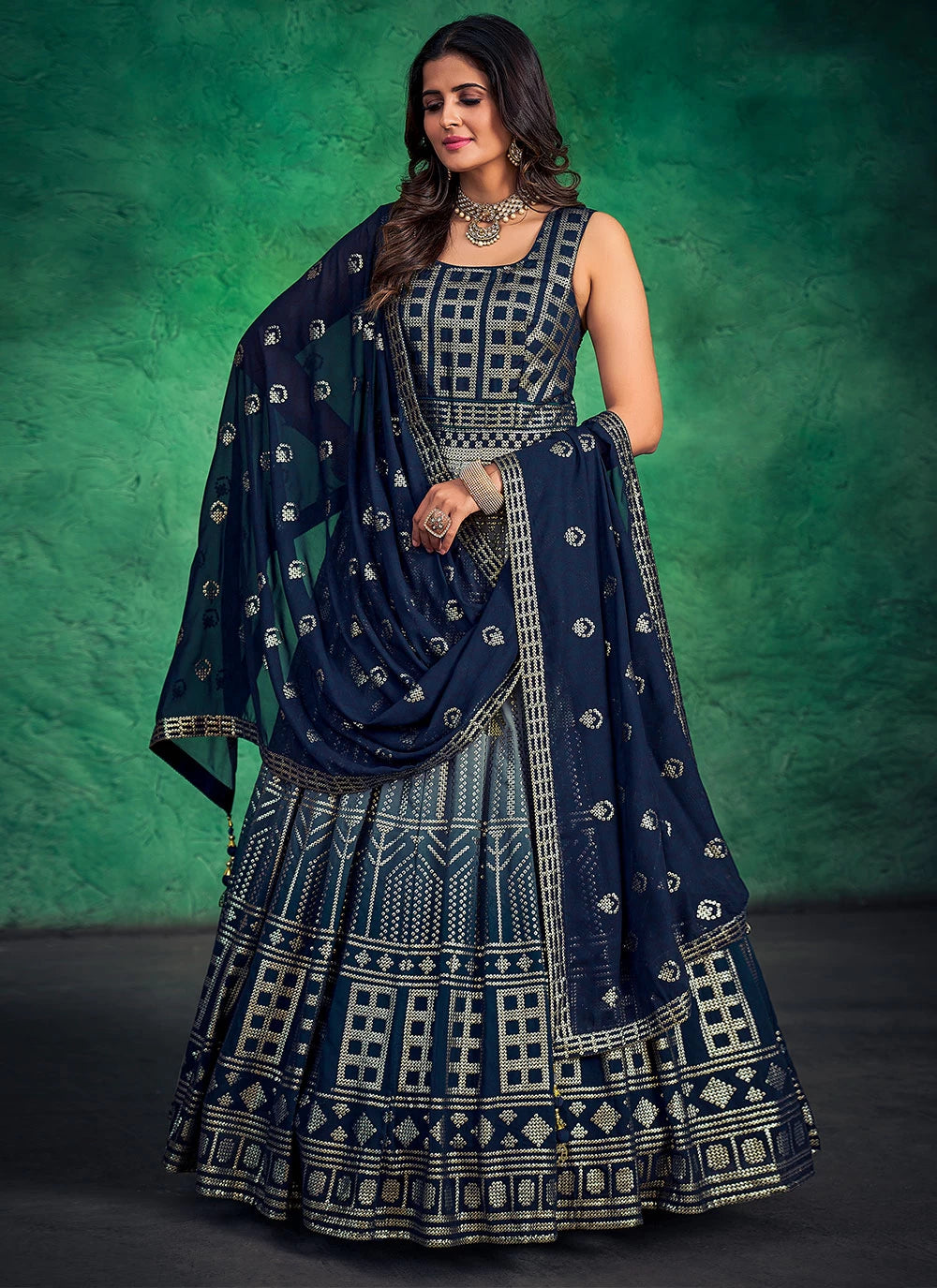 Georgette Navy Blue Embroidered Indian Long Anarkali Dress