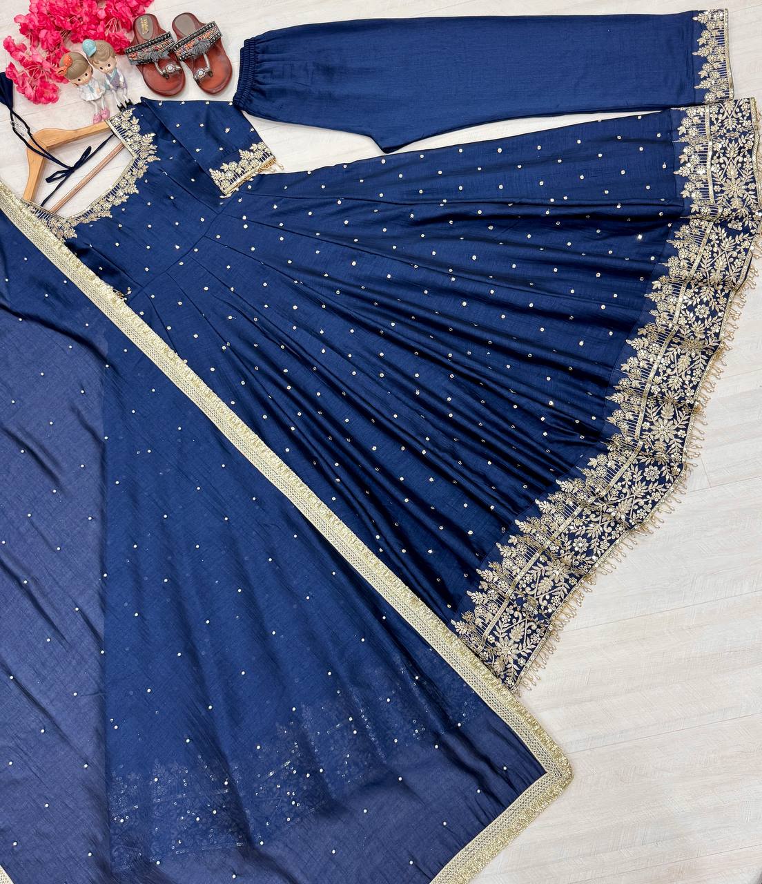 Navy Blue Party Wear Pur Vichitra Silk Anarkali Gown with Dupatta Set