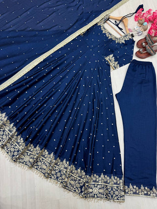 Navy Blue Party Wear Pur Vichitra Silk Anarkali Gown with Dupatta Set